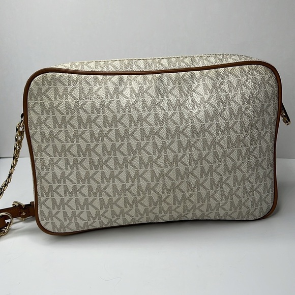 Michael Michael Kors Jet Set White Brown Logo Zip Camera Crossbody Bag - Picture 7 of 13